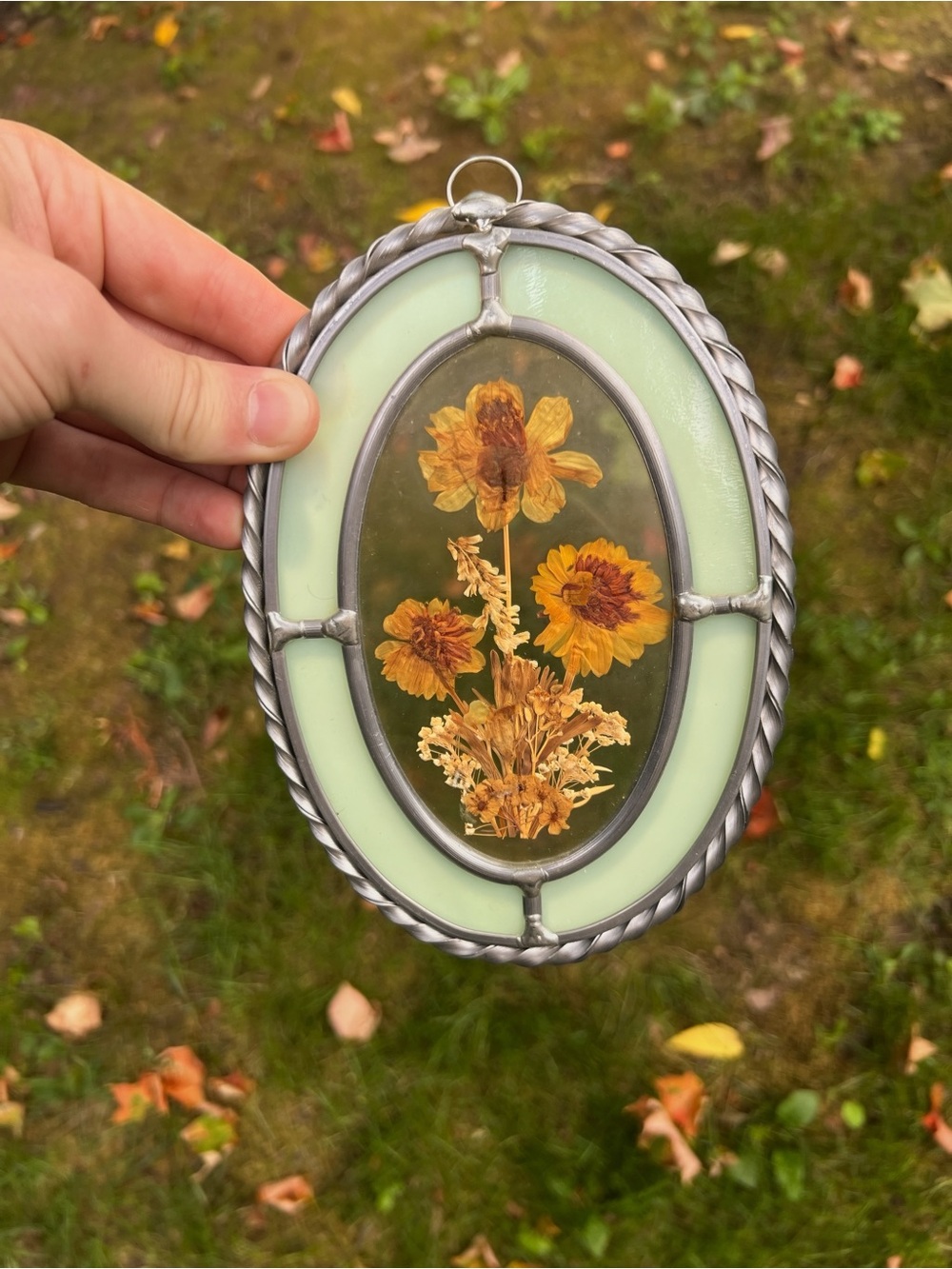 Vintage Green Stained Glass Floral Wall Hanging